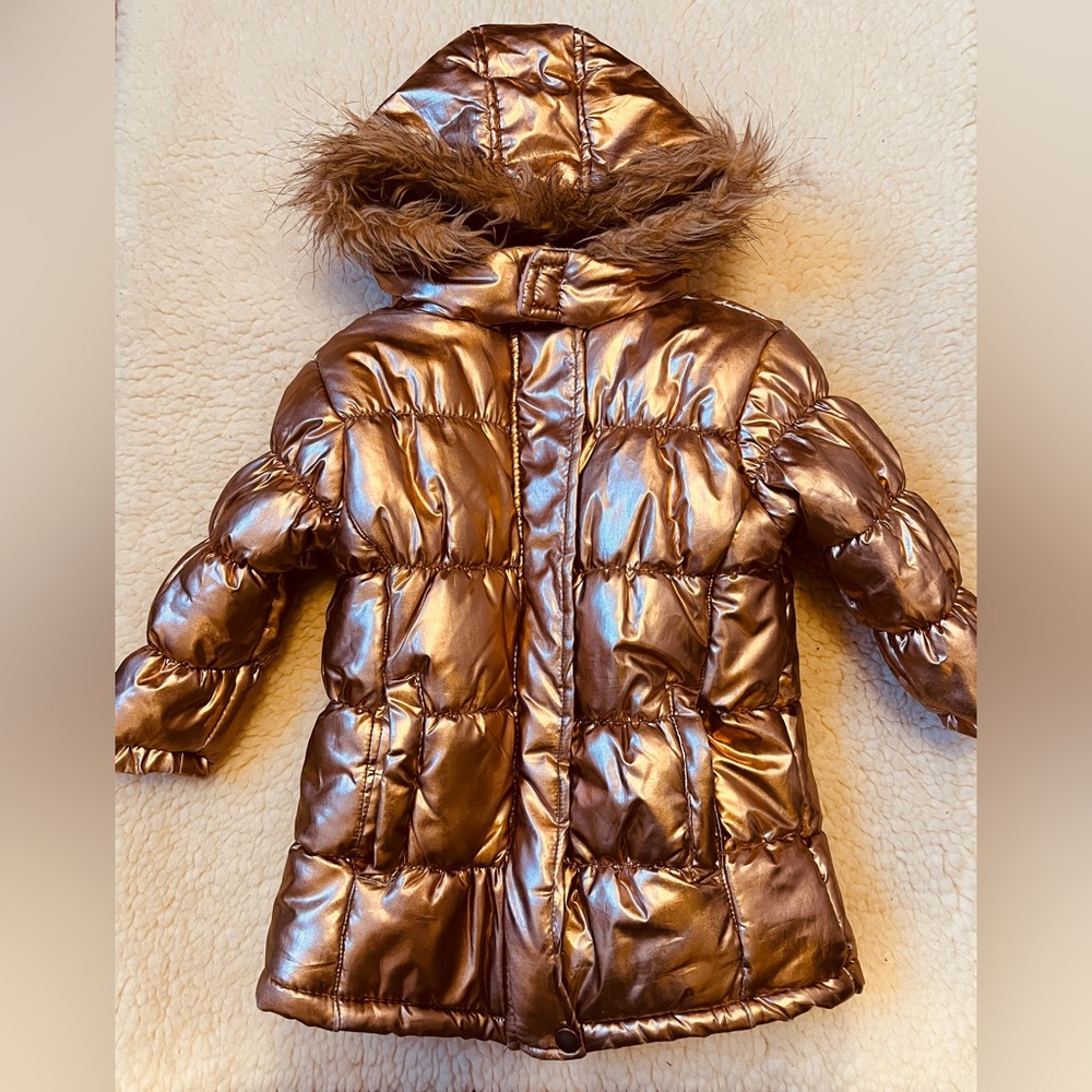 Real Live Metallic Bronze Puffer Coat with Faux Fur Hood Size 3